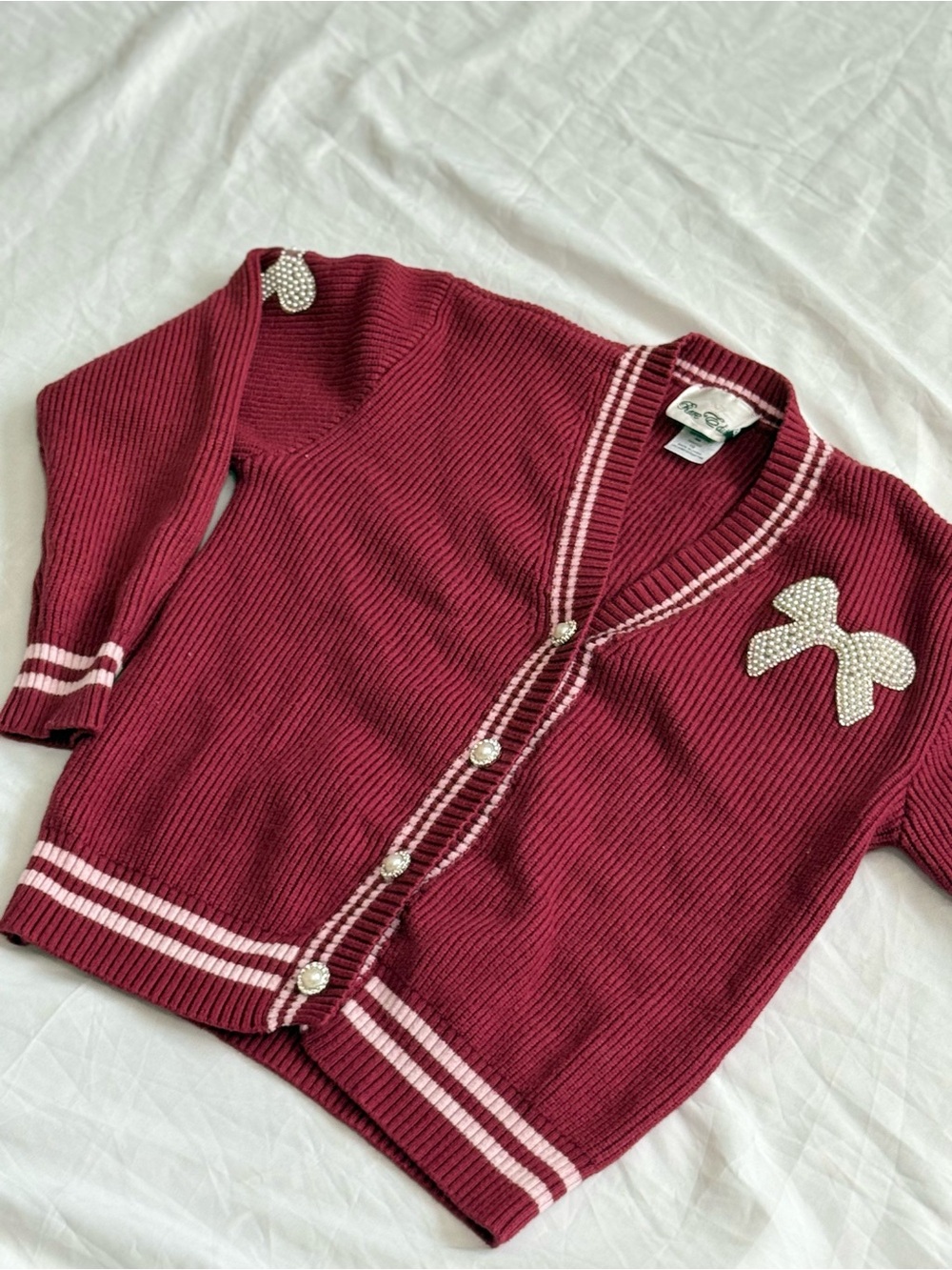 Rare Editions Ribbed Berry Cardigan with Pink Stripe Trim